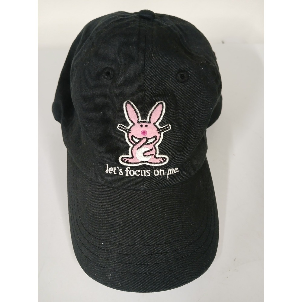 Vintage Y2K It's Happy Bunny Hat Let's Focus On Me Jim Benton Black Cap